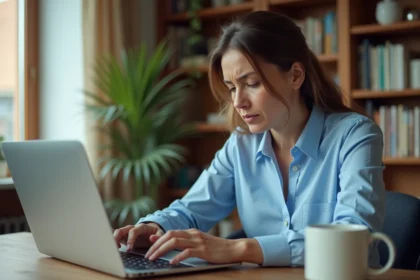 Femme frustrée devant son ordinateur portable avec une erreur de connexion au webmail académique