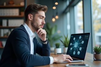 Jeune homme professionnel examine un diagramme réseau sur son ordinateur