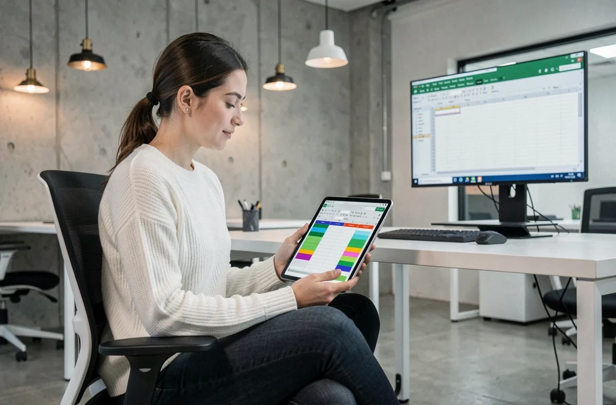 Jeune professionnelle consultant un fichier Excel optimisé avec suppression automatique des lignes vides sur tablette en espace de coworking