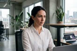 Professionnelle analysant un format de vidéo motion design sur une landing page depuis son bureau en open space moderne