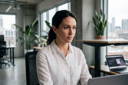 Professionnelle analysant un format de vidéo motion design sur une landing page depuis son bureau en open space moderne