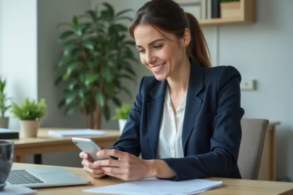 Professionnelle gérant ses messages WhatsApp Business sur smartphone dans un bureau moderne