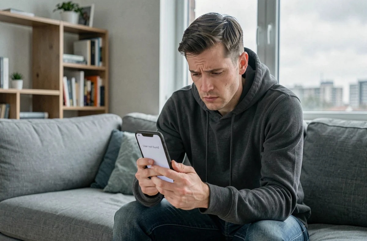 Homme confus face à un profil Instagram bloqué depuis son salon