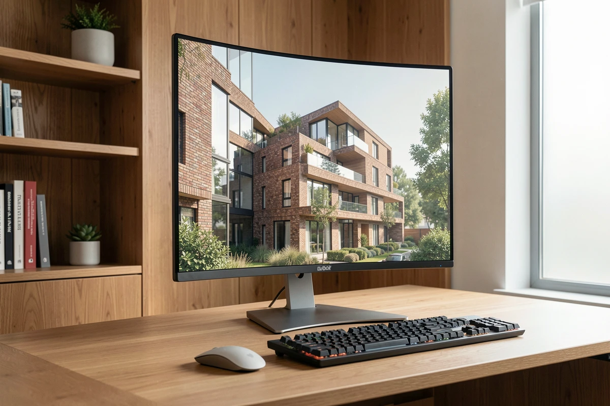 Rendu photoréaliste d'un bâtiment résidentiel généré par Neural Radiance Fields affiché sur un écran de bureau