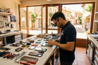 Atelier de réparation de smartphones dans le Var avec technicien au travail sur un établi rempli d'outils et de pièces détachées