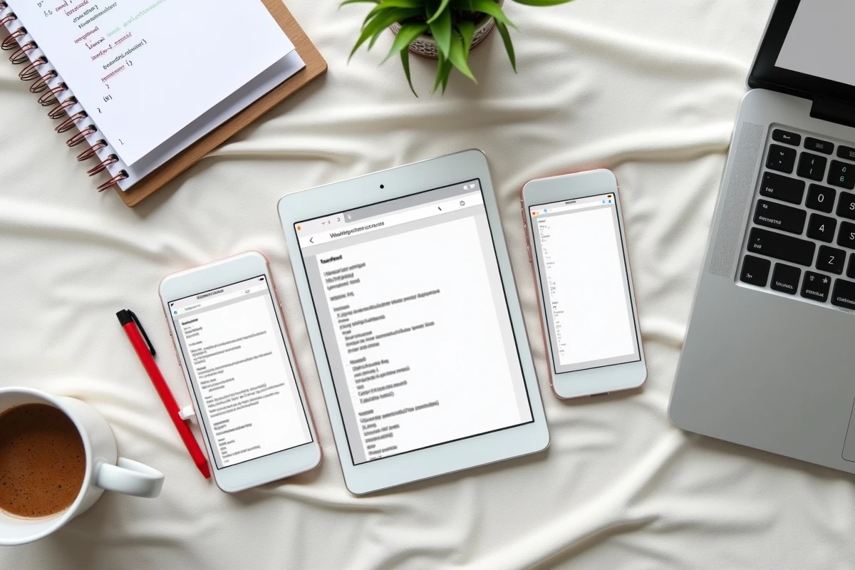 Comparaison de mise en page CSS cassée sur smartphone tablette et ordinateur portable illustrant les problèmes de positionnement absolu en responsive design