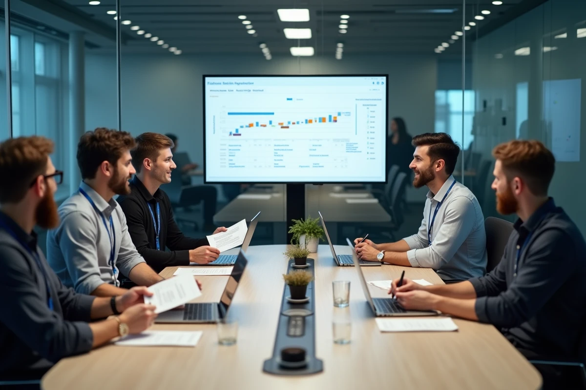 Réunion de revue de fonctionnalités B2B en salle de conférence avec équipe produit et ingénierie