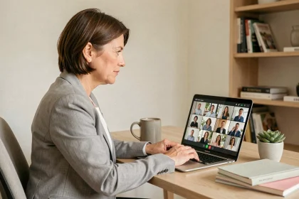 Femme en réunion en ligne via une application de visioconférence sur ordinateur portable dans un bureau à domicile moderne