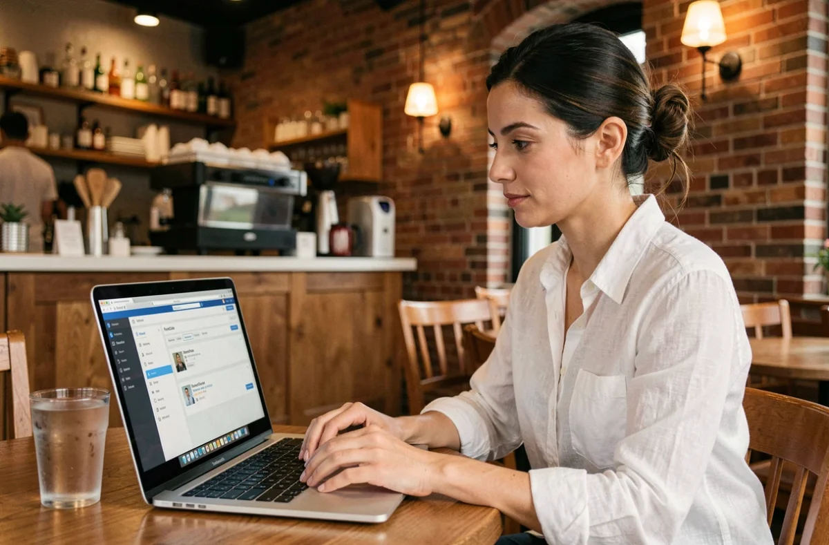 Femme utilisant l'interface RoundCube webmail sur un MacBook dans un café parisien