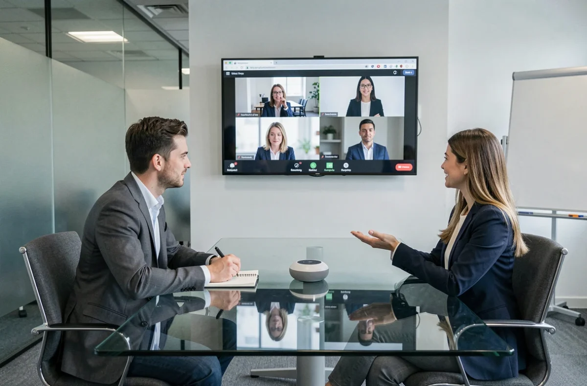 Deux collègues en salle de réunion d'entreprise participant à une conférence en ligne avec des participants distants affichés sur grand écran
