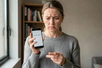 Femme tenant un Samsung affichant une erreur réseau non enregistré