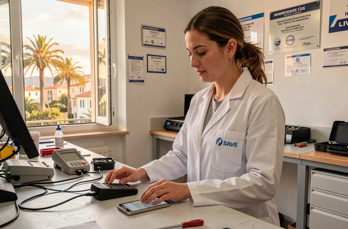 Technicienne SAVE Hyères utilisant des outils de diagnostic agréés constructeurs pour réparer un smartphone