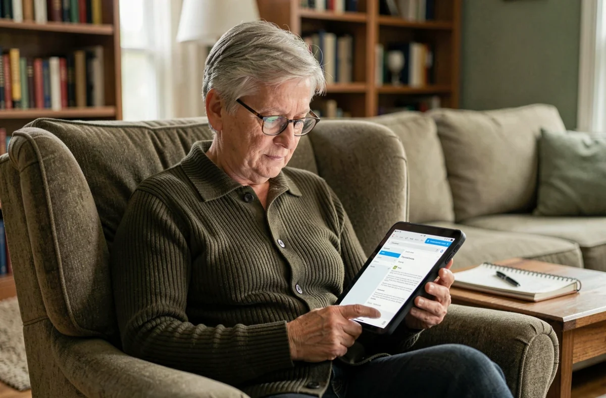 Personne âgée consultant ses mails professionnels IntraParis sur une tablette depuis son salon
