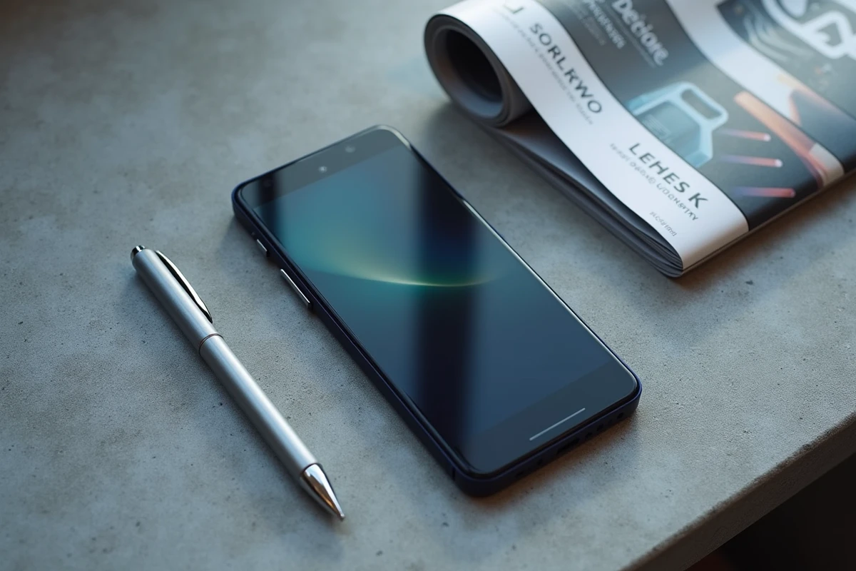 Smartphone Google Pixel posé sur une surface en béton texturée avec un magazine technologique, vue de dessus