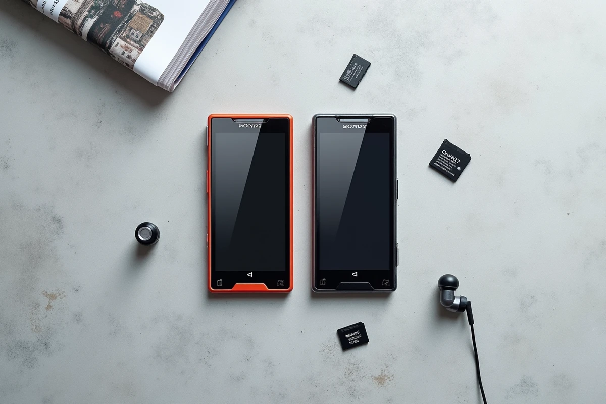 Vue à plat des téléphones Sony Ericsson séries Walkman et Cyber-shot côte à côte avec accessoires, comparaison des deux gammes GSM musique et photo