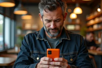 Homme tenant un téléphone Sony Ericsson série Walkman dans un café urbain moderne, illustrant la gamme musicale GSM de Sony Ericsson