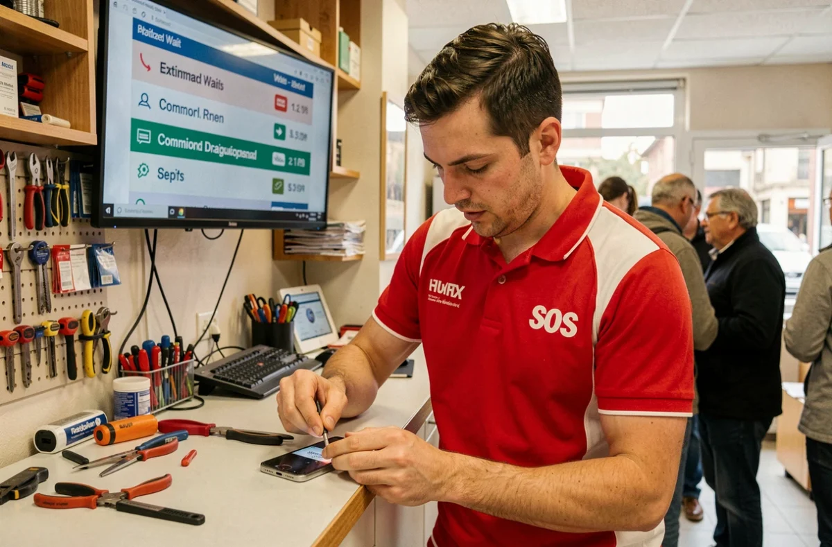 Technicien SOS Phone Var à Draguignan effectuant un dépannage rapide d'un smartphone au comptoir de service