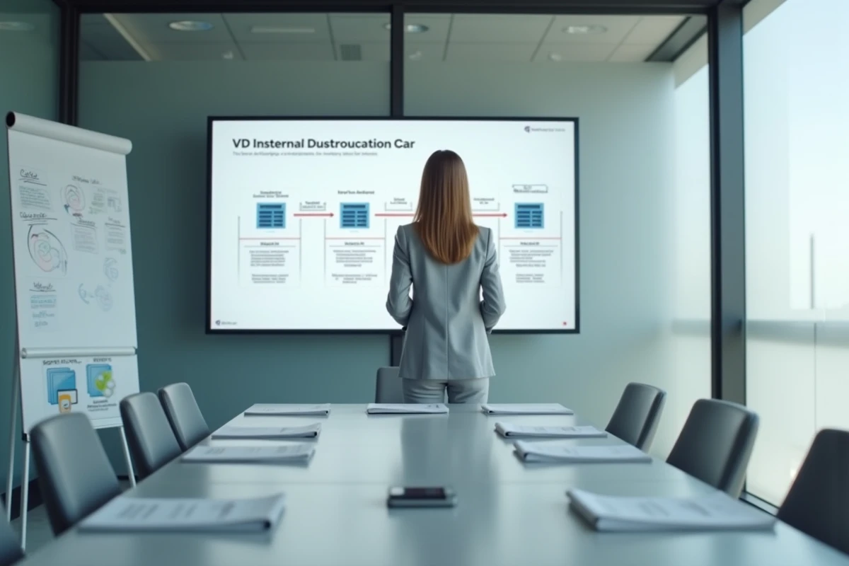 Spécialiste informatique présentant un plan de migration vDisk Citrix sur écran mural en salle de réunion d'entreprise