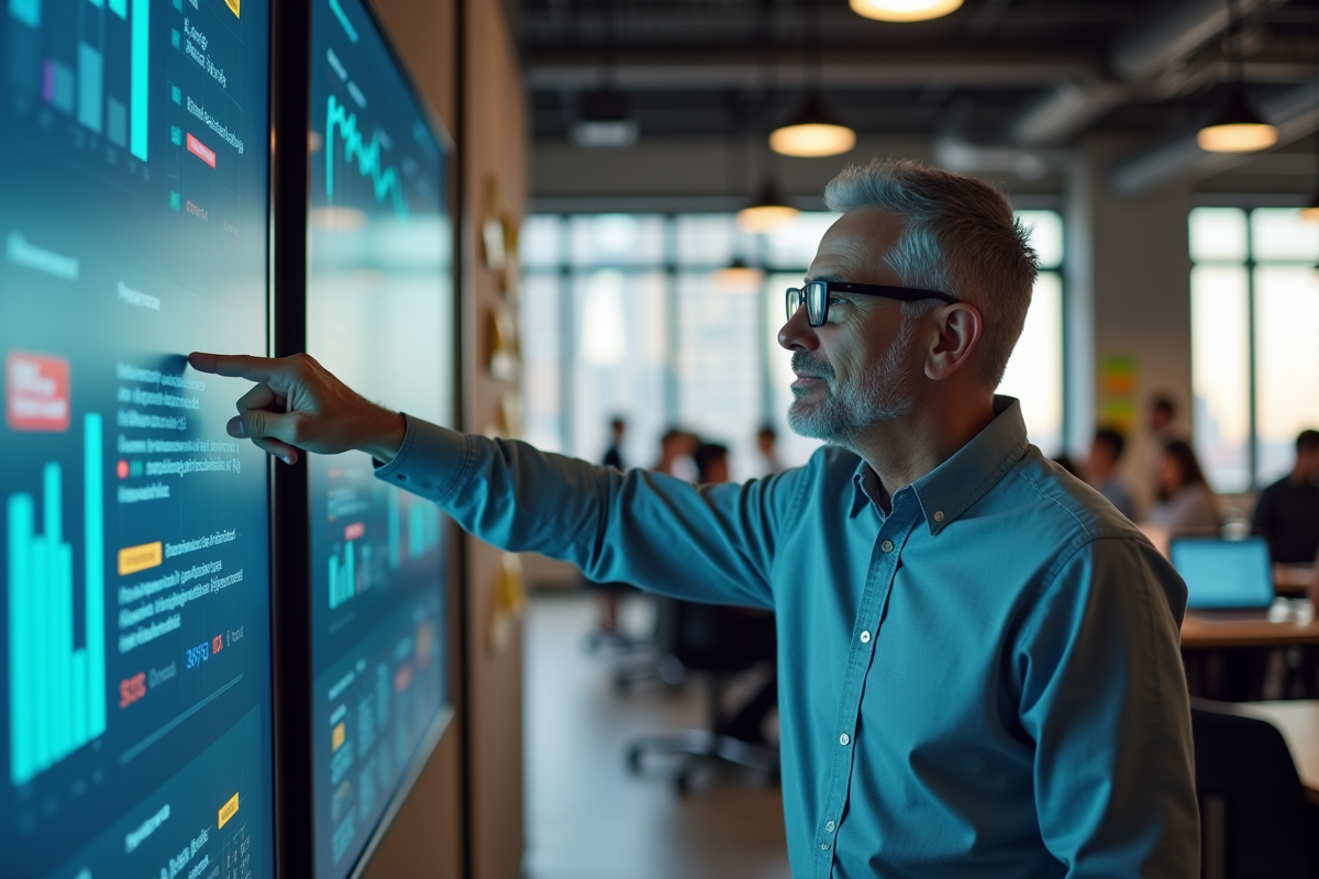 Homme SEO pointant un écran avec des graphiques de référencement