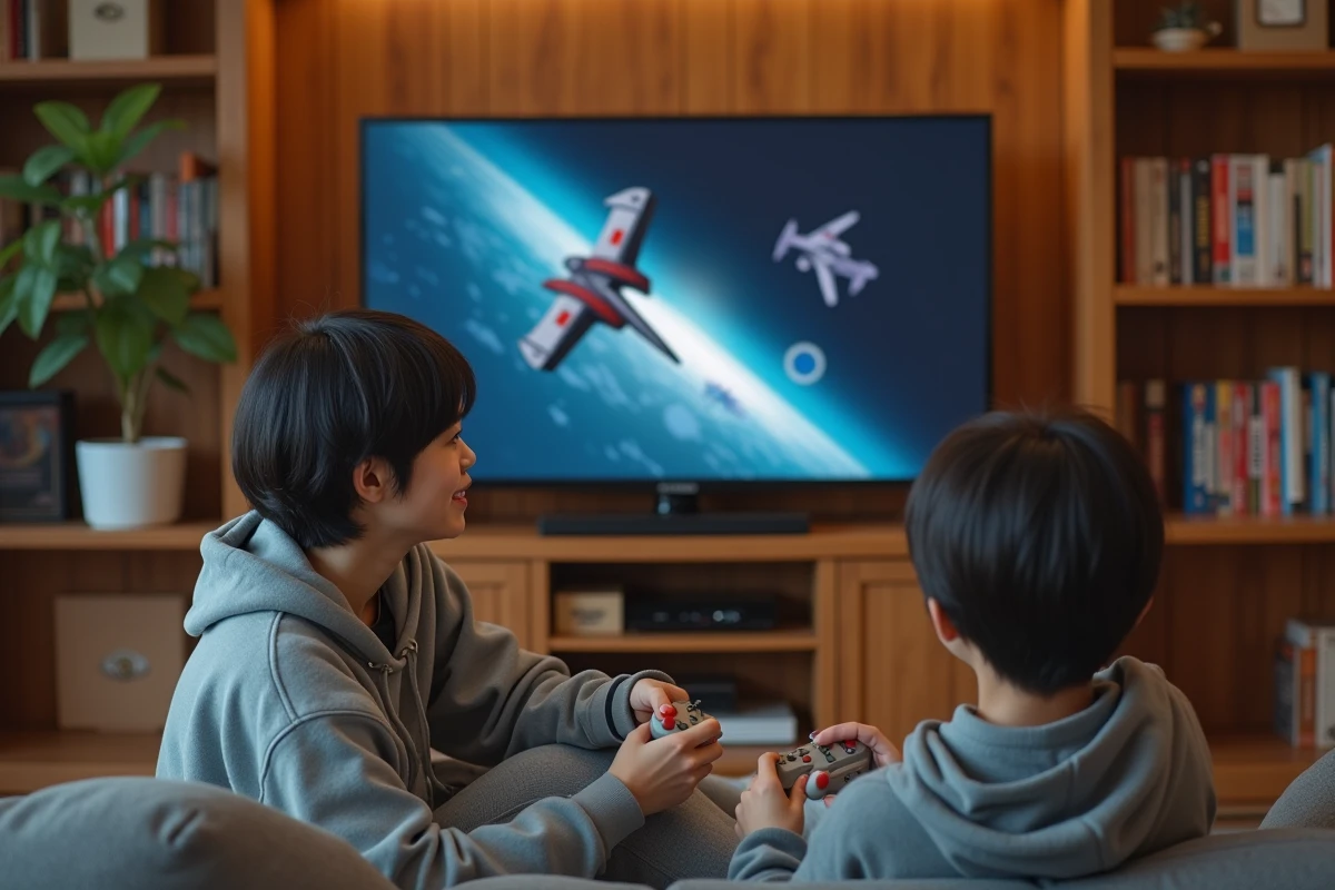Femme jouant à Star Fox sur SNES dans un salon rétro avec manette vintage et écran affichant l'Arwing en tonneau