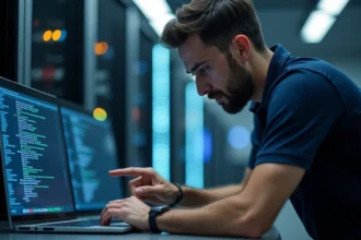 Technicien informatique consultant une interface de configuration réseau avec des adresses IP privées sur un ordinateur portable dans une salle serveur