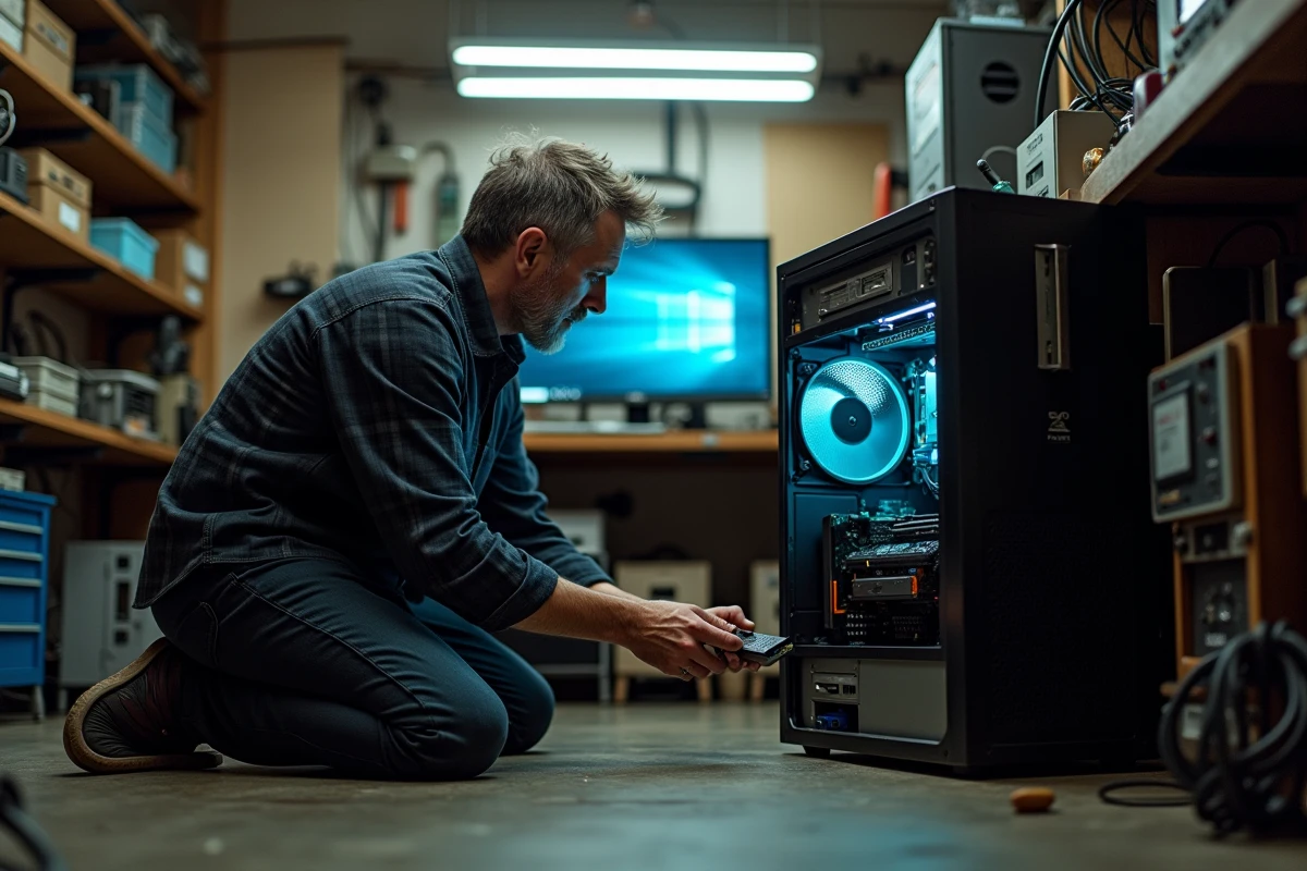 Technicien installant Windows 7 depuis une clé USB dans un atelier de réparation informatique