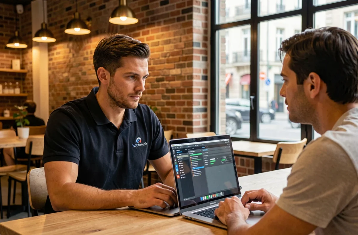 Technicien informatique en déplacement chez un client à Clermont-Ferrand, diagnostiquant un problème sur ordinateur portable