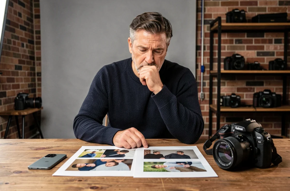 Photographe professionnel comparant des tirages photo du Google Pixel 8 Pro et d'un appareil reflex en studio