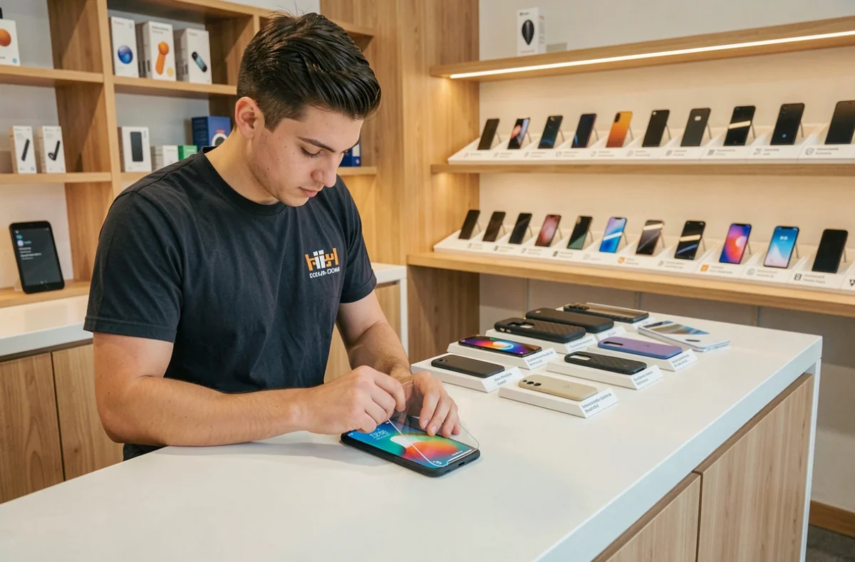 Technicien Ultimtech à Toulon appliquant une protection d'écran sur un smartphone réparé dans une boutique moderne