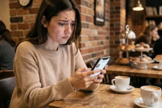 Femme découvrant qu'un utilisateur est introuvable sur Instagram dans un café