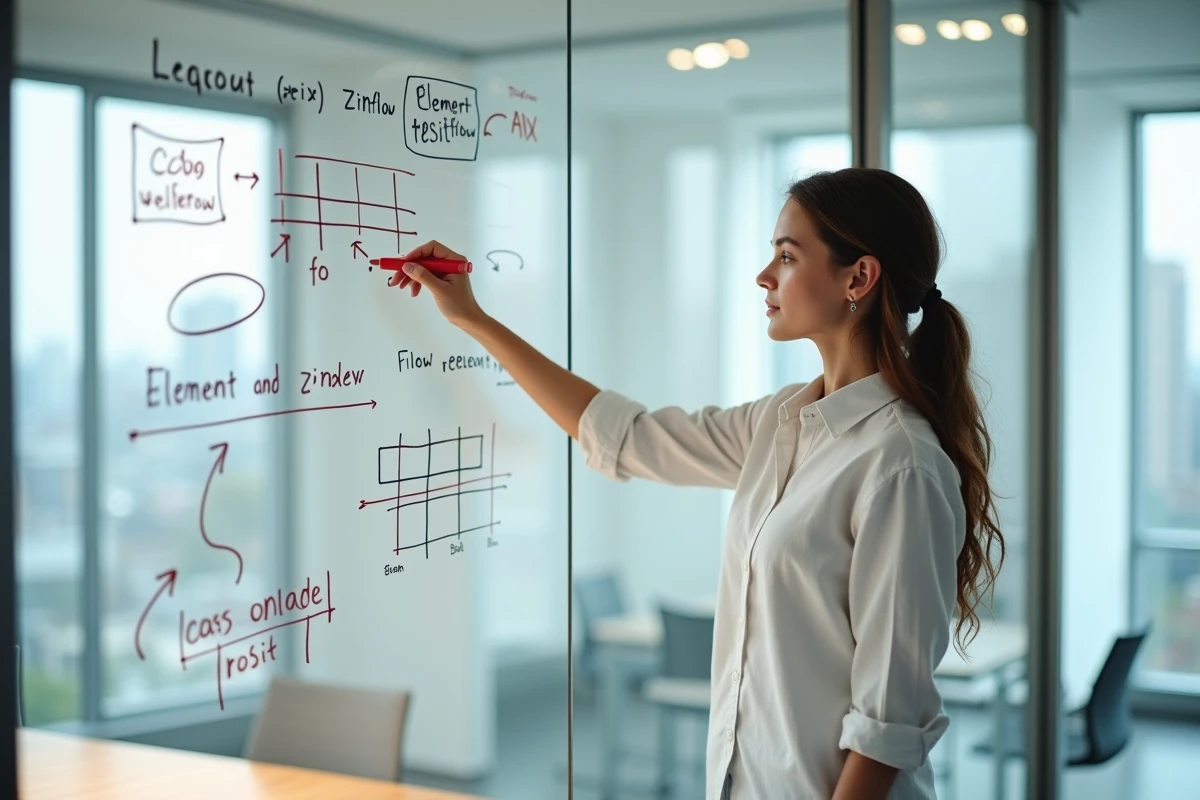 Designer UX expliquant les problèmes de positionnement absolu CSS sur un tableau blanc avec des diagrammes de mise en page responsive