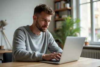 Homme vérifiant l'éligibilité fibre SFR sur son ordinateur portable dans un appartement moderne