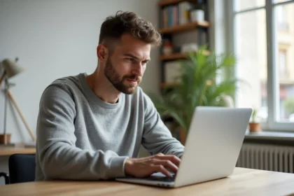 Homme vérifiant l'éligibilité fibre SFR sur son ordinateur portable dans un appartement moderne
