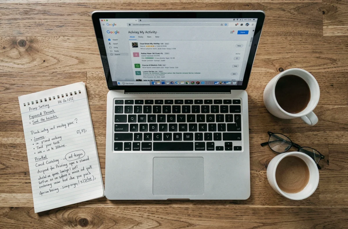 Vue aérienne d'un bureau avec ordinateur portable affichant l'historique Google, carnet de notes sur la confidentialité et accessoires, illustrant la gestion des données personnelles collectées par Google