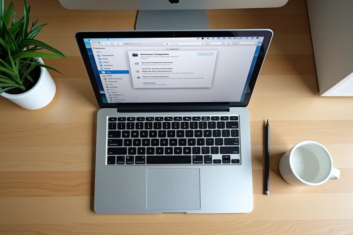 Vue aérienne d'un MacBook Pro ouvert sur les paramètres de stockage macOS pour optimiser et vider le cache