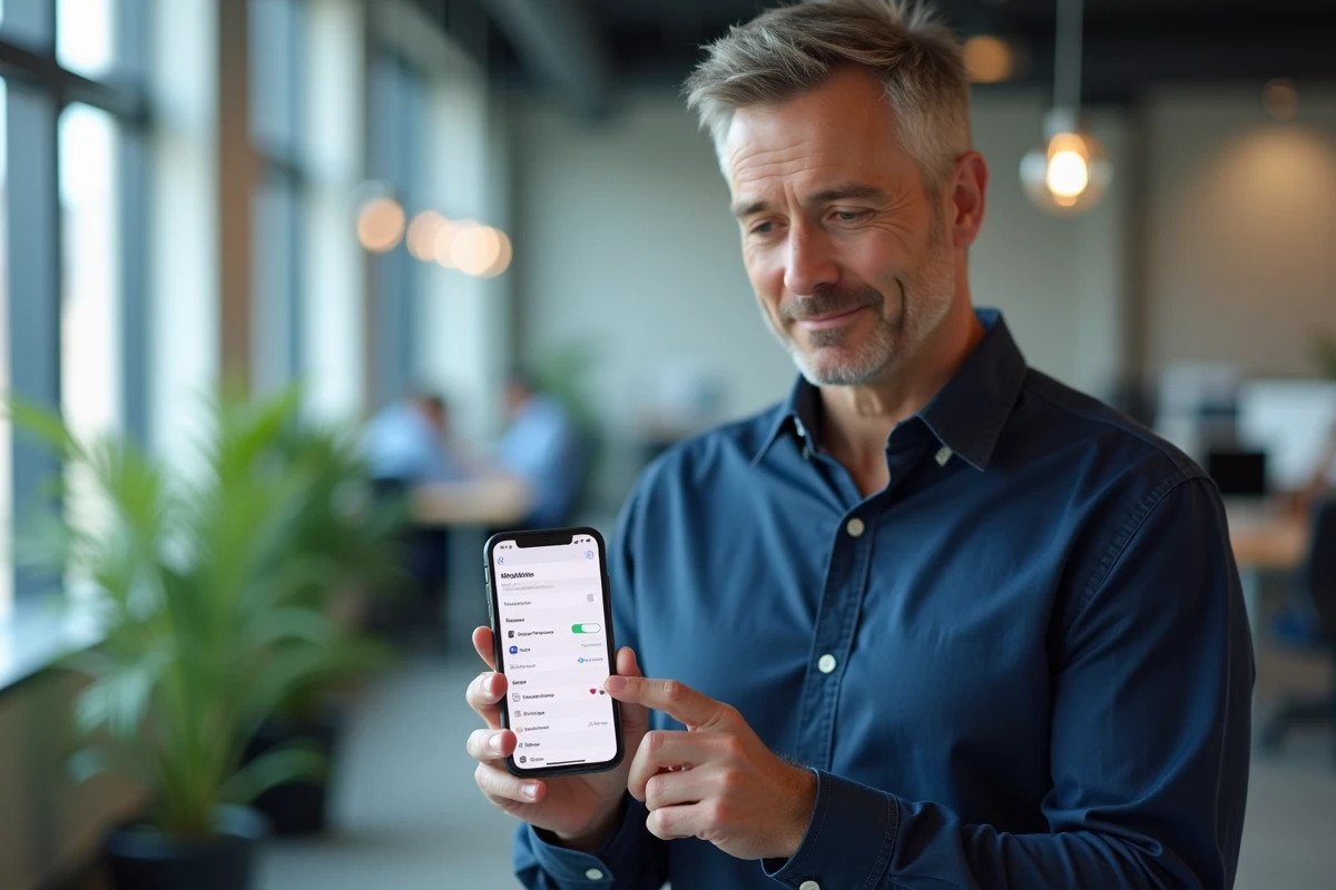 Homme configurant l'application Mail iOS pour Webmail 44 dans un bureau professionnel moderne