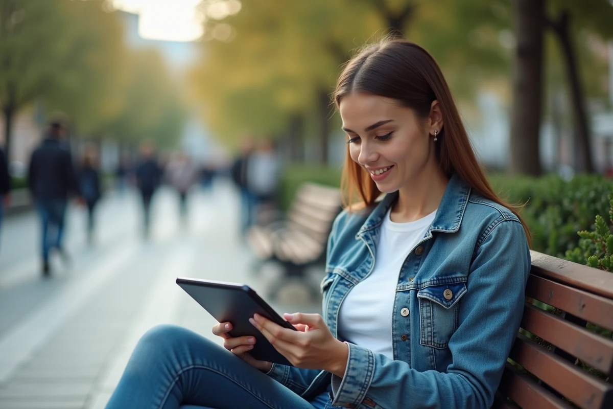 Jeune femme configurant Webmail 44 sur tablette Android et smartphone en extérieur dans un parc urbain