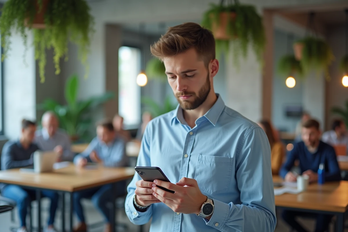 Jeune professionnel consultant ses emails sur un smartphone dans un espace de coworking moderne