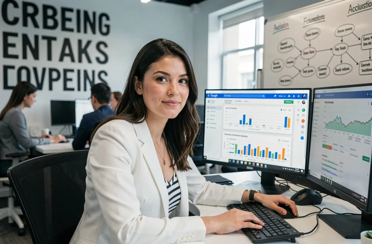 Spécialiste en acquisition digitale travaillant sur des tableaux de bord Google Analytics et des campagnes de référencement payant dans une agence web