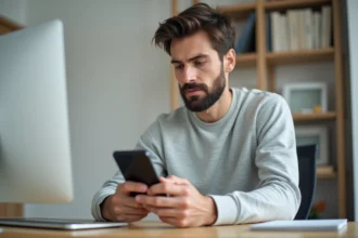 Homme tenant un smartphone Xiaomi 15 et observant la qualité de l'écran depuis un bureau à domicile moderne