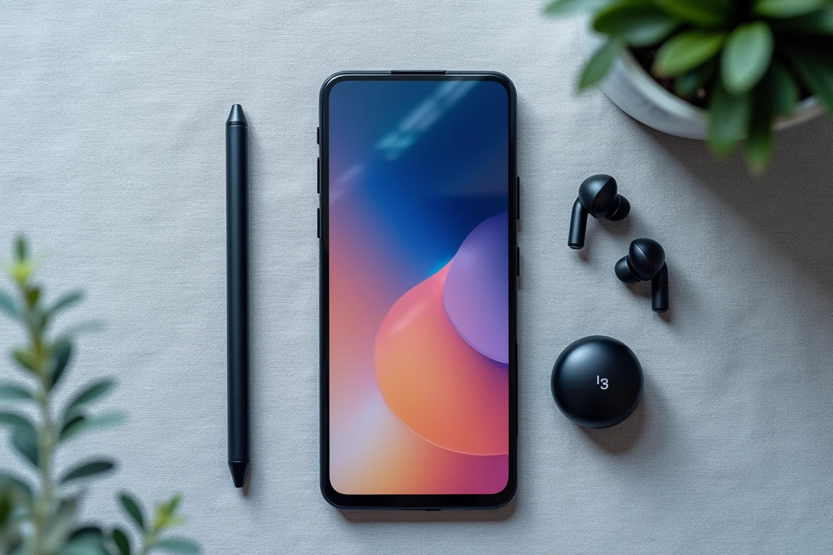 Vue de dessus du Xiaomi 15 posé sur une surface en lin gris clair mettant en valeur la qualité de l'écran OLED