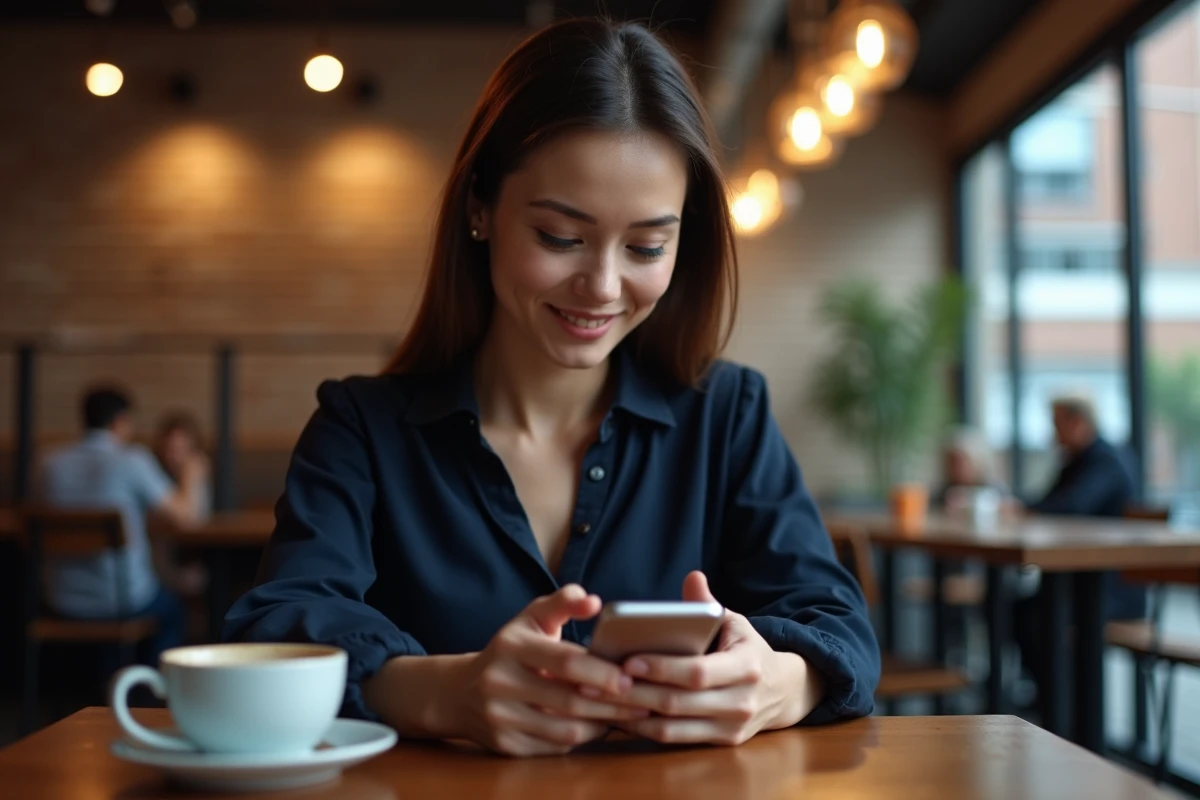 Femme consultant l'écran d'un smartphone Xiaomi 15 dans un café urbain avec une tasse de café sur la table