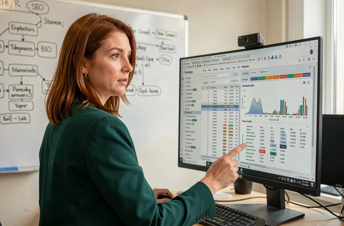Experte SEO analysant des rapports de positionnement sur les moteurs de recherche et des audits techniques dans une agence web normande
